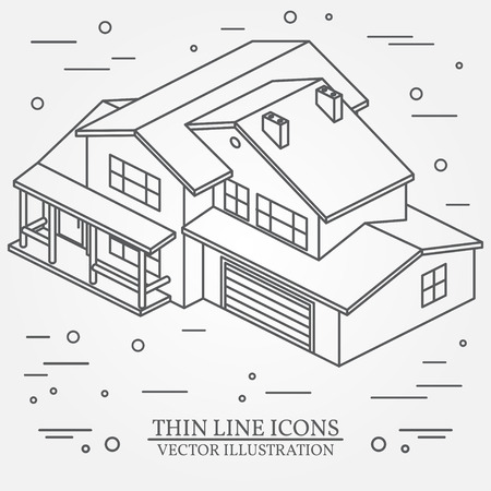 Vector thin line icon isometric suburban american house. For web design and application interface, also useful for infographics. Vector dark grey.のイラスト素材