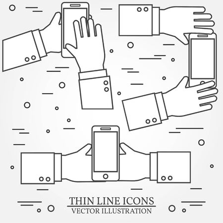 Set of hands holding mobile phone.Thin line icon. Vector illustration.のイラスト素材