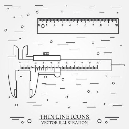 Set vector thin line icons calipers and ruler. For web design and application interface, also useful for infographics. Vector dark grey. Vector illustration.のイラスト素材