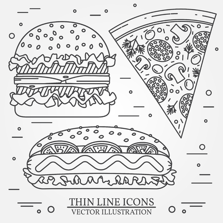 Vector thin line icon pizza,  hot dog and burger . For web design and application interface, also useful for infographics. Vector dark grey. Vector illustration.のイラスト素材