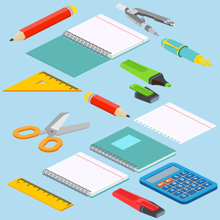 Isometric illustration on a blue background with the image ruler, calculator, markerpen, pencil, pen, pencil, scissors, pair of compasses and open notepad. Vector illustration.のイラスト素材
