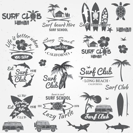 Set of retro vintage badges and labels. For web design, mobile and application interface, also useful for infographics. Surf club and surf school design. Vector illustration.のイラスト素材