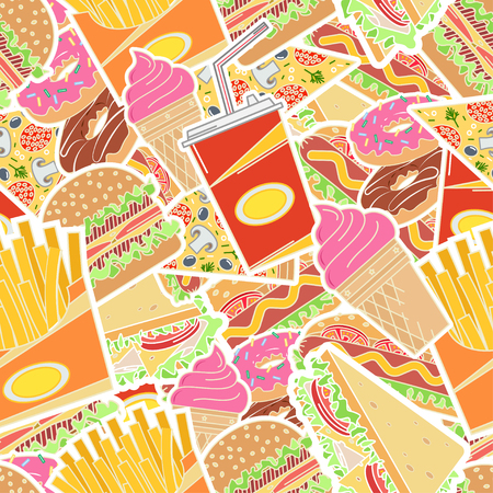 Fast food seamless pattern. Elements on the theme of the restaurant business.Vector illustration.のイラスト素材