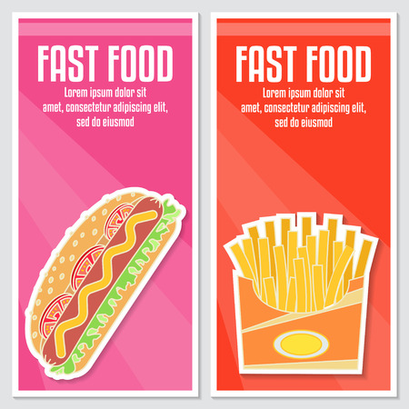 Banners of fast food design. Hot dog and french fries in flat style. Elements on the theme of the restaurant business. Vector illustration.のイラスト素材