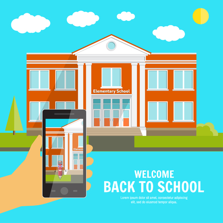 Welcome back to School background with place for your text and hand with phone. Elementary School design template. Back to School banner for website template, cards, posters, . Vector illustration.のイラスト素材