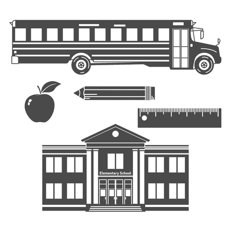 Welcome back to school. School set icon. Pencil, apple, ruler, bus and school. Vector illustration.のイラスト素材