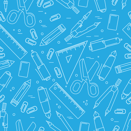 School supplies seamless pattern. Trendy geometric elements memphis cards. Texture, pattern and geometric elements. Back to School. Vector illustration.のイラスト素材