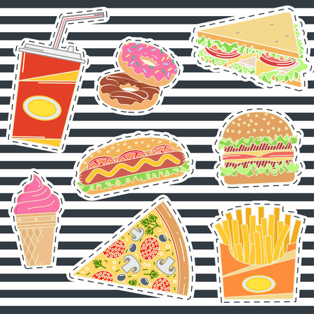 Set of fast food patches. Elements on the theme of the restaurant business. Fast food design for patch or t-shirt. Vector illustration.のイラスト素材