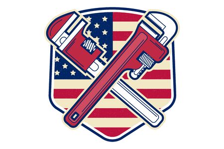 Retro vintage badge or label. Labor day badge emblem with illustrated wrenches and American flag. Vector illustration. Labor day design.のイラスト素材