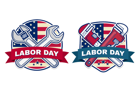 Retro vintage badge or label. Labor day badge emblem with illustrated wrenches and American flag. Vector illustration. Labor day design.のイラスト素材