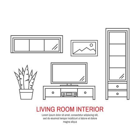 Modern living room interior. For web design, banner, flyer, mobile and application interface, also useful for infographics. Thin line icon vector illustration isolated on white background.のイラスト素材
