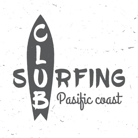 Set of Surf club concept Vector Summer surfing retro badge. Surfer club emblem , outdoors banner, vintage background. Boards, palms and shark. Surf icon design.のイラスト素材