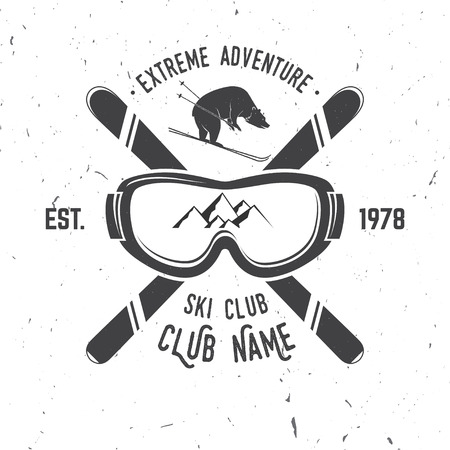 Ski club concept. Vector ski club retro badge. Concept for shirt, print, seal or stamp. Skis, mountain, bear and goggles. Typography design- stock vector. Family vacation, activity or travel. For design, patches or badges.のイラスト素材