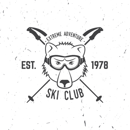 Ski club concept. Vector ski club retro badge. Concept for shirt, print, seal or stamp. Skis, mountain, bear and goggles. Typography design- stock vector. Family vacation, activity or travel. For design, patches or badges.のイラスト素材