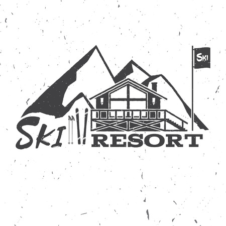 Ski resort concept with ski house. Vector ski club retro badge. Concept for shirt, print, seal or stamp. Ski club typography design- stock vector. Family vacation, activity or travel.のイラスト素材