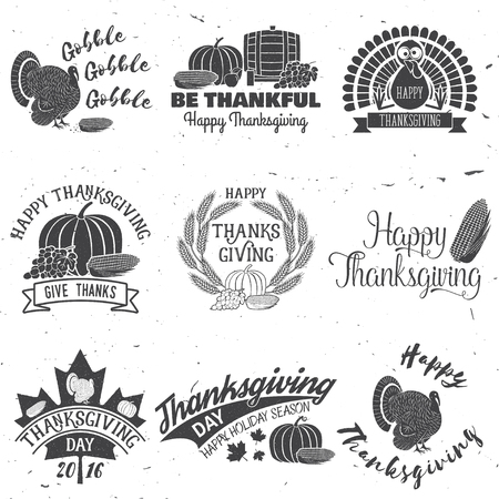 Happy Thanksgiving. Be thankful. Vector Thanksgiving retro badge. Concept for shirt, print, stamp, patch. Pumpkin, corn apple barrel and grapesのイラスト素材