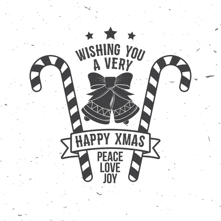 Wishing you very happy Xmas. Typography design. Vector illustration. Xmas retro badge with bells, ribbon and Christmas candy. Concept for shirt, print, stamp, patch.のイラスト素材