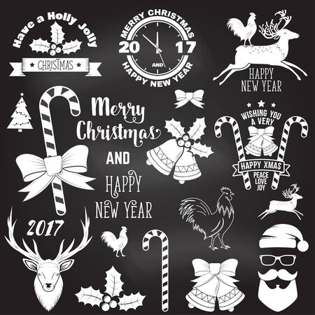 Set of Merry Christmas and Happy New Year 2017 typography design. Vector illustration on the chalkboard. Xmas retro badge. Concept for shirt or logo, print, stamp, patch.のイラスト素材