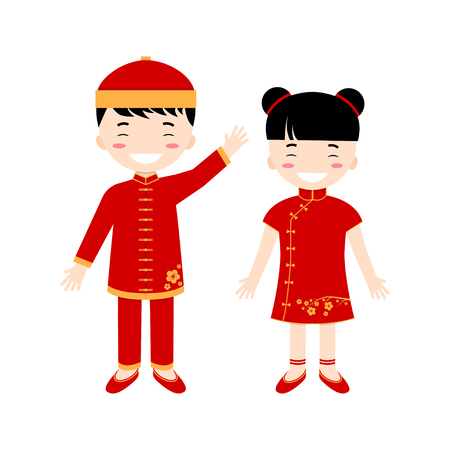 Chinese children - boy and girl isolated on the white background. Vector illustration.のイラスト素材