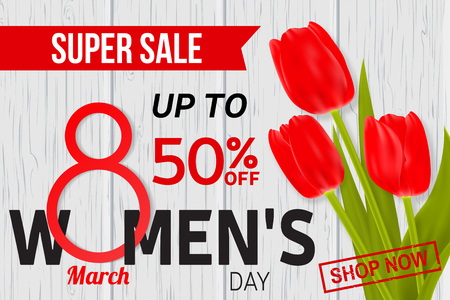 Womens Day sale design for web banner, flyer or background composition with red tulips.のイラスト素材