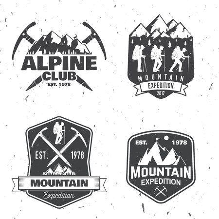 Vintage typography design with mountaineers and mountain silhouette.のイラスト素材