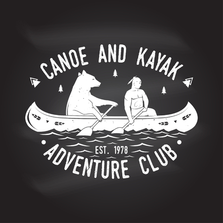 Canoe and Kayak club on the chalkboard. Vector illustration. Concept for shirt, print, stamp or tee. Vintage typography design with kayaker and bear silhouette. Extreme water sport.のイラスト素材