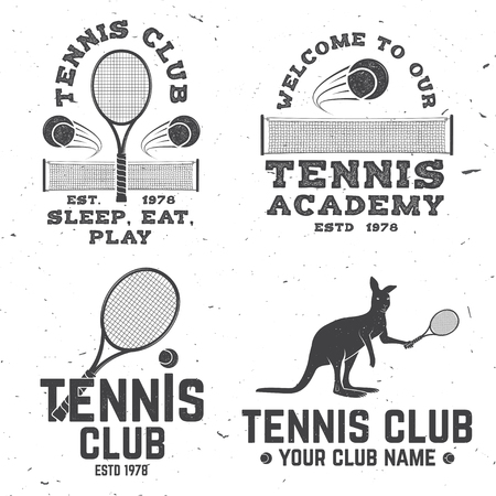 Set of Tennis club badges. Vector illustration. Concept for shirt, print, stamp or tee. Vintage typography design with tennis racket, kangaroo and ball silhouette.のイラスト素材