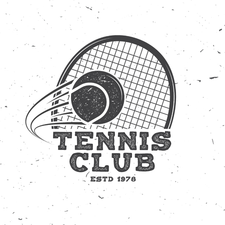 Tennis club badge. Vector illustration. Concept for shirt, print, stamp or tee. Vintage typography design with tennis racket and ball silhouette.のイラスト素材