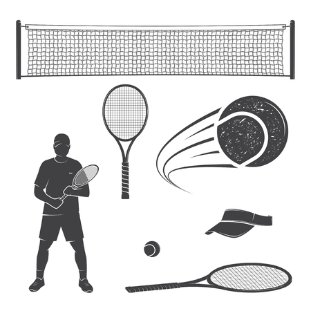 Set of tennis equipment silhouettes.のイラスト素材