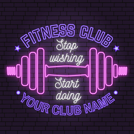 Neon fitness club sign on brick wall backgroundのイラスト素材