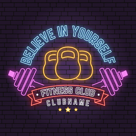 Neon fitness club sign on brick wall backgroundのイラスト素材