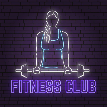 Neon fitness club sign on brick wall backgroundのイラスト素材