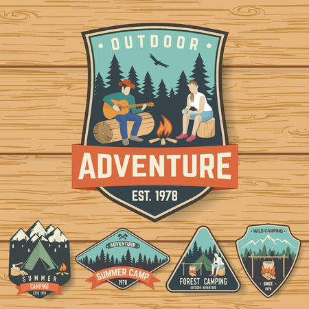 Set of Summer camp badges on the wood boardのイラスト素材