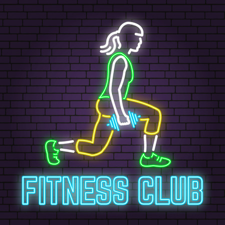 Neon fitness club sign on brick wall background. Vector illustration.のイラスト素材