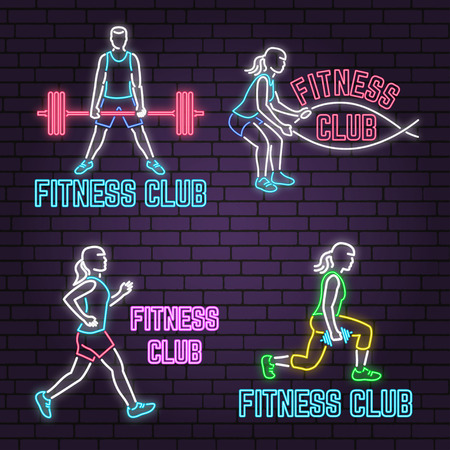 Set of neon fitness club sign on brick wall background. Vector illustration.のイラスト素材
