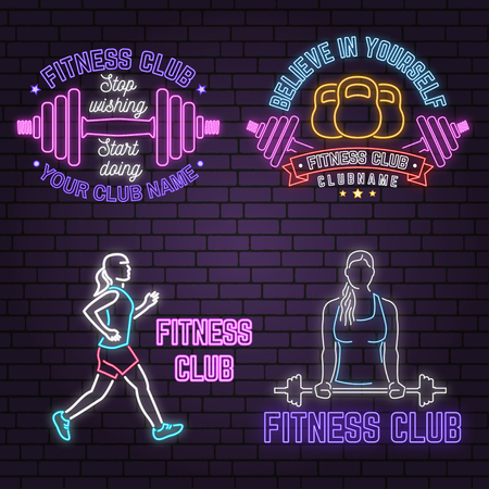 Neon fitness club sign on brick wall background. Vector illustration.のイラスト素材