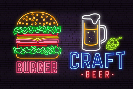 Retro neon burger and craft beer sign on brick wall background. Design for cafe, hotel,restaurant or motel.のイラスト素材