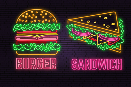 Retro neon burger and sandwich sign on brick wall background. Design for fast food cafe.のイラスト素材