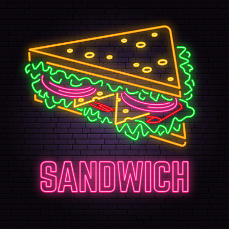 Retro neon sandwich sign on brick wall background. Design for cafe, hotel, restaurant or motel.の写真素材