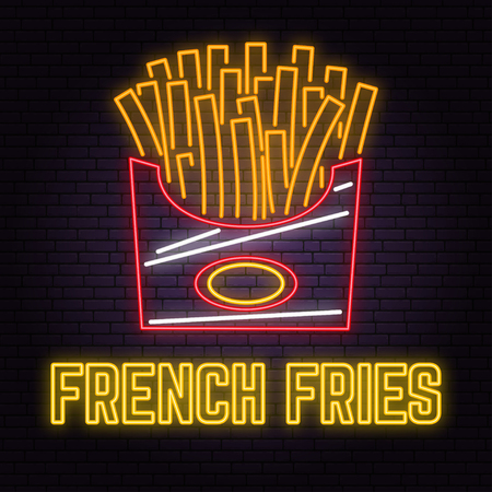 Retro neon french fries sign on brick wall background. Design for cafe, hotel, restaurant or motel.の写真素材