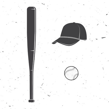 Set of baseball cap, ball, bat silhouette for emblems ,logo and labels. Vector illustration. Concept for shirt or logo, print, stamp or tee.のイラスト素材