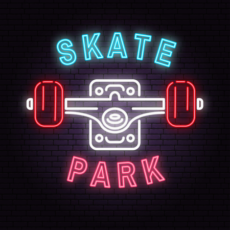 Neon skate park sign on brick wall background. Vector illustration. Neon design for skate park emblems, gym signs related health and gym business. Night bright advertisement with skateboard truckのイラスト素材