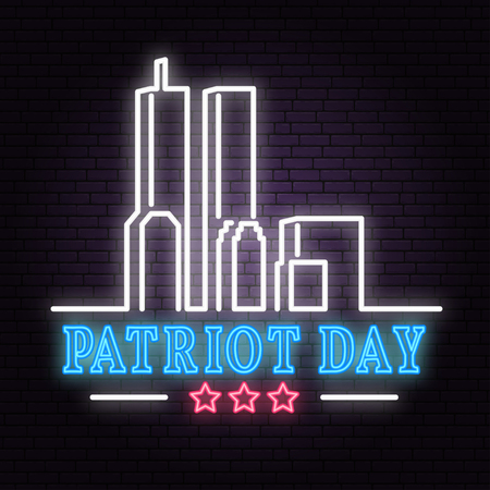 Patriot Day neon sign. We will never forget september 11, 2001. Patriotic banner or poster.のイラスト素材