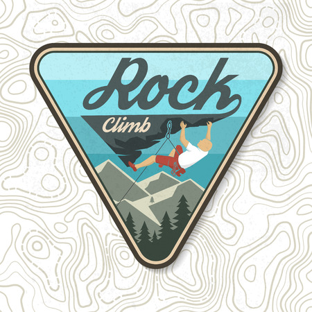 Rock Climbing club badge. Vector illustration. Concept for shirt or logo, print, stamp or tee. Vintage typography design with climber on the mountains. Outdoors adventure.のイラスト素材