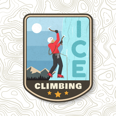 Ice Climbing badge. Vector illustration. Concept for shirt or logo, print, stamp or tee. Vintage typography design with climber on the ice mountains. Outdoors adventure.のイラスト素材