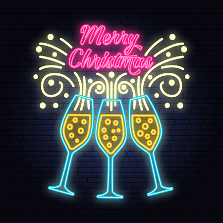 Merry Christmas banner with Champagne glasses neon sign. Vector illustration. Xmas design for congratulation cards, invitations, banners and flyers. Night bright advertisement.のイラスト素材