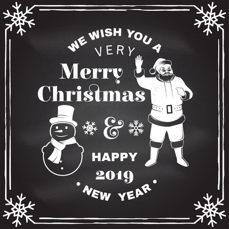 We wish you a very Merry Christmas and Happy New Year stamp, sticker set with snowmans and Santa Claus. Vector illustration.のイラスト素材