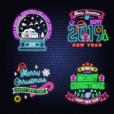 Have a Magical Christmas and Happy New Year neon sign with snowflakes, christmas snow globe. Vector.のイラスト素材