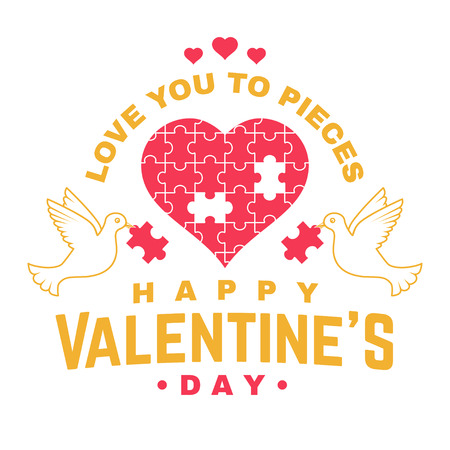 Happy Valentines Day. Stamp, badge, card with birds, puzzle and heart. Vector. Vintage typography design for invitations, Valentines Day romantic celebration emblem in retro style.のイラスト素材