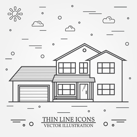 Vector thin line icon suburban american house. For web design and application interface, also useful for infographics. Vector dark grey. Vector illustration.のイラスト素材